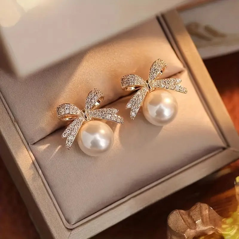 2-Pack Vintage Sexy Style Zinc Alloy Earrings with Imitation Pearl and Bowknot Design, Daily & Vacation Wear, All-Season Compatible