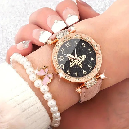 6 Pcs Pink Round Quartz Watch PU Leather Strap Alloy Pointer Plastic Case And Faux Pearl Bracelet Necklace Earrings Ring Jewelry Gift For Mom Her