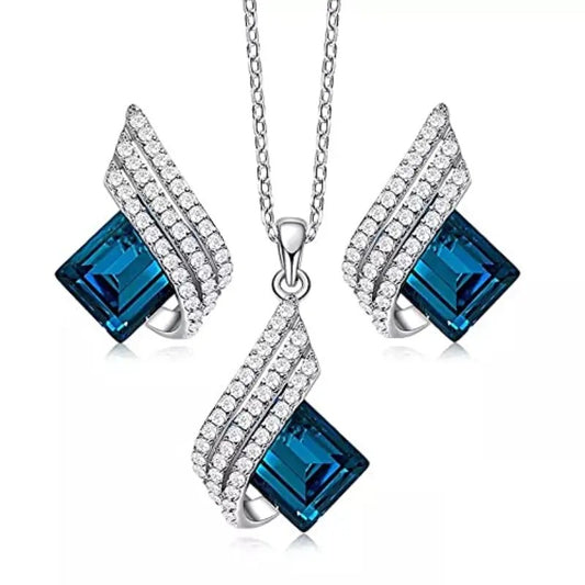 3pcs/set Shining Angel Wings Blue Pendant Necklace Earrings Set