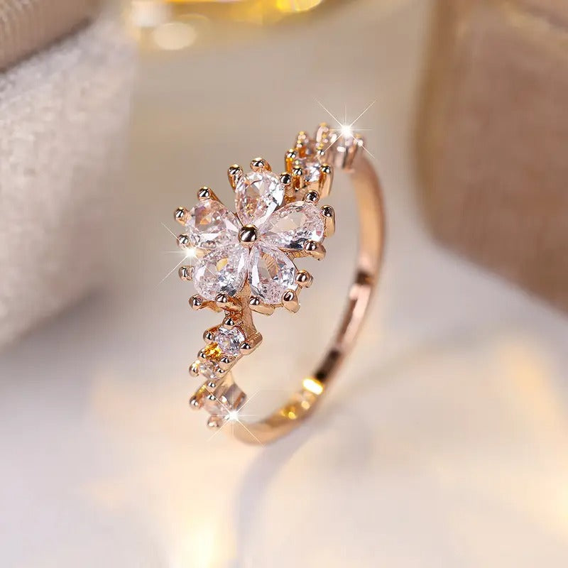 zirconia Chic Ring Sparkling Flower Design Paved Shining