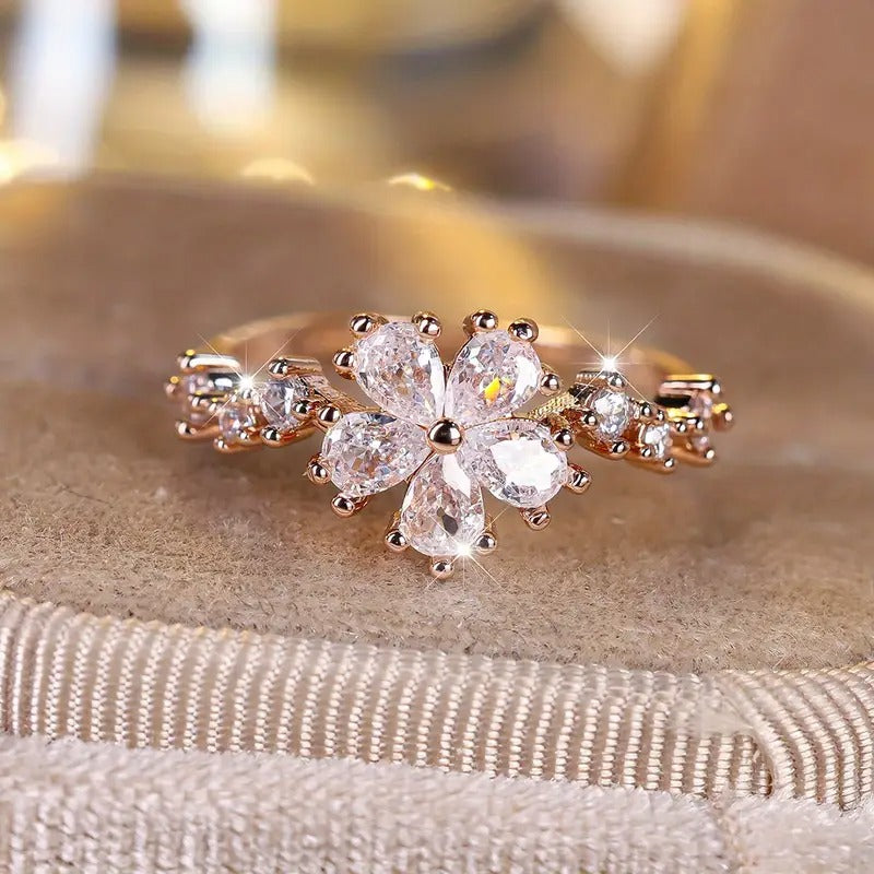 zirconia Chic Ring Sparkling Flower Design Paved Shining