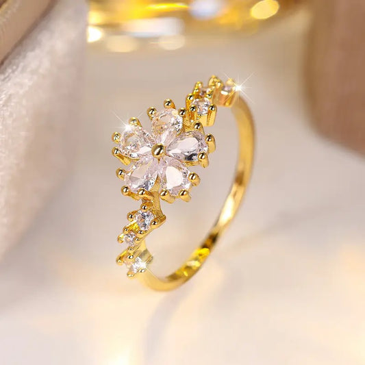 zirconia Chic Ring Sparkling Flower Design Paved Shining