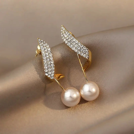 Elegant Golden-Tone Crystal & Pearl Dangle Earrings