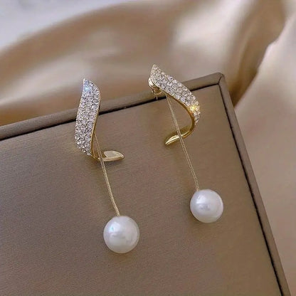 Elegant Golden-Tone Crystal & Pearl Dangle Earrings