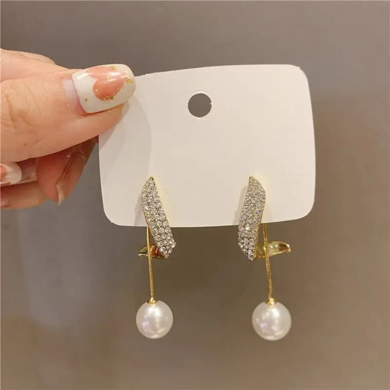 Elegant Golden-Tone Crystal & Pearl Dangle Earrings