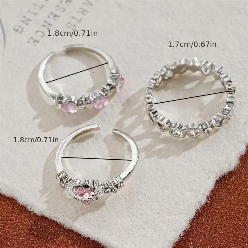 3 PCS Zirconia Sweet Cool Girl Style Love Imitation Ring