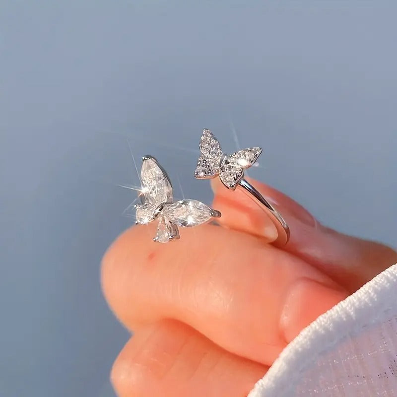 Butterfly Ring with Sparkling Cubic Zirconia - Adjustable Open Design, Perfect for Casual Attire & Special Occasions