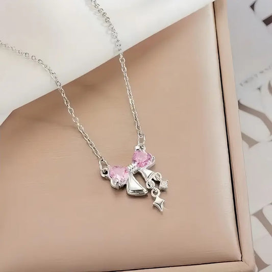 casual Zirconia Alloy Pendant Necklace with Synthetic , Bowknot Charm, Simple Luxury Design for Daily and Vacation Wear