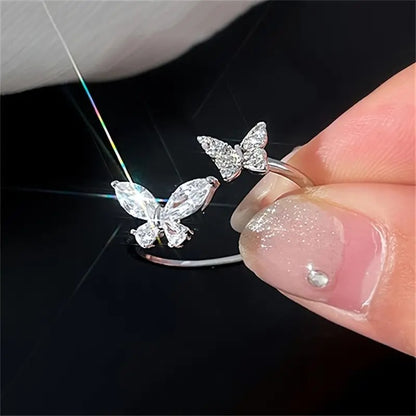 Butterfly Ring with Sparkling Cubic Zirconia - Adjustable Open Design, Perfect for Casual Attire & Special Occasions