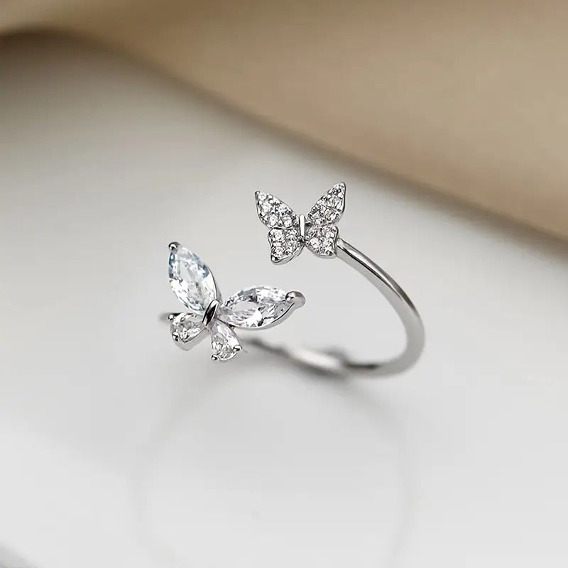 Butterfly Ring with Sparkling Cubic Zirconia - Adjustable Open Design, Perfect for Casual Attire & Special Occasions