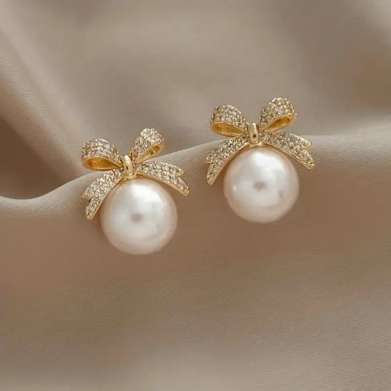 2-Pack Vintage Sexy Style Zinc Alloy Earrings with Imitation Pearl and Bowknot Design, Daily & Vacation Wear, All-Season Compatible