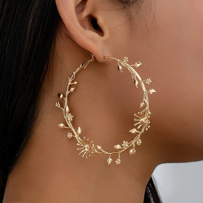 1 Pair Oversized Earrings Floral Branch Leaf Exaggerated Golden Large Circle Sweet Cool Elegant Retro Fashion Hoop Earrings