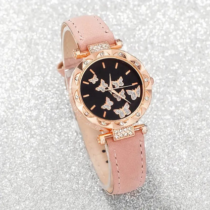 6pcs Women's  Fashion Watch Set with Sweet Pink Butterfly Quartz