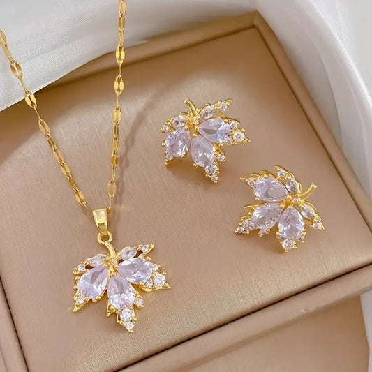 Zirconia Three Pieces Including Copper Inlaid Cubic Maple Leaf Earrings And a Pendant Necklace for Women