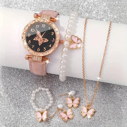 6 Pcs Pink Round Quartz Watch PU Leather Strap Alloy Pointer Plastic Case And Faux Pearl Bracelet Necklace Earrings Ring Jewelry Gift For Mom Her