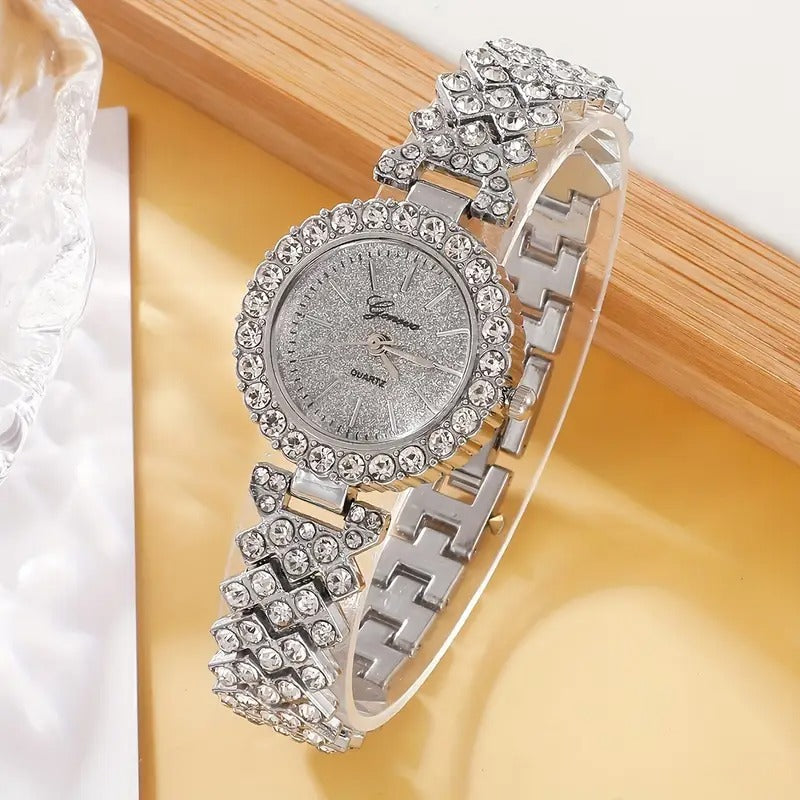 6pcs Elegant Quartz Watch Set with Rhinestones: Comes with Exquisite Zinc Alloy Strap, Zinc Alloy Case, Quartz Movement & Rhinestone Jewelry Necklace, Bracelet, Earrings, Ring Set