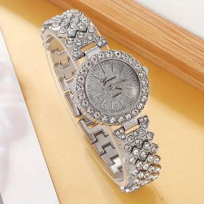 6pcs Elegant Quartz Watch Set with Rhinestones: Comes with Exquisite Zinc Alloy Strap, Zinc Alloy Case, Quartz Movement & Rhinestone Jewelry Necklace, Bracelet, Earrings, Ring Set