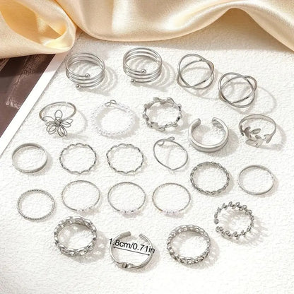 Vintage Elegant 66-Piece -Tone Fashion Ring Set with Imitation Pearls, Zinc Alloy, Geometric Cut-Out Design for Women and Girls - No Plating, for Daily and Party Wear All Season Compatible