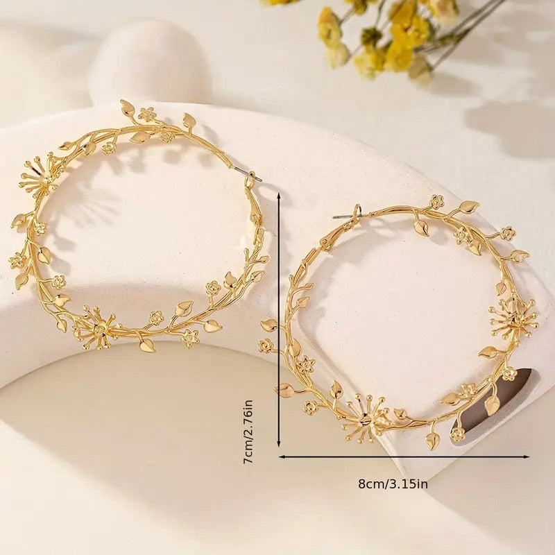 1 Pair Oversized Earrings Floral Branch Leaf Exaggerated Golden Large Circle Sweet Cool Elegant Retro Fashion Hoop Earrings