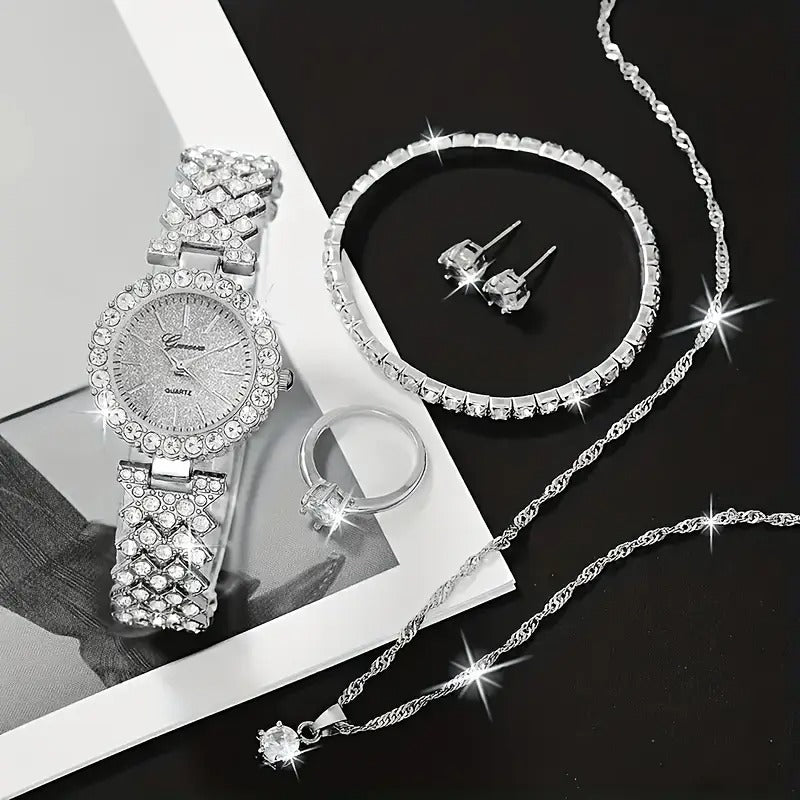 6pcs Elegant Quartz Watch Set with Rhinestones: Comes with Exquisite Zinc Alloy Strap, Zinc Alloy Case, Quartz Movement & Rhinestone Jewelry Necklace, Bracelet, Earrings, Ring Set