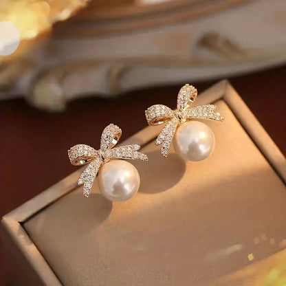 2-Pack Vintage Sexy Style Zinc Alloy Earrings with Imitation Pearl and Bowknot Design, Daily & Vacation Wear, All-Season Compatible