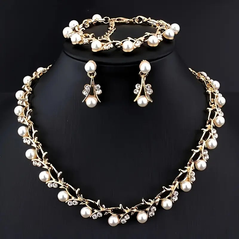 Elegant 14K Gold Plated Zinc Alloy Jewelry Set with Imitation Pearls - Sophisticated Necklace and Earrings for Women, Age 14+ - Timeless Fashion Ensemble