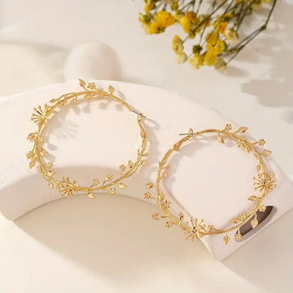 1 Pair Oversized Earrings Floral Branch Leaf Exaggerated Golden Large Circle Sweet Cool Elegant Retro Fashion Hoop Earrings