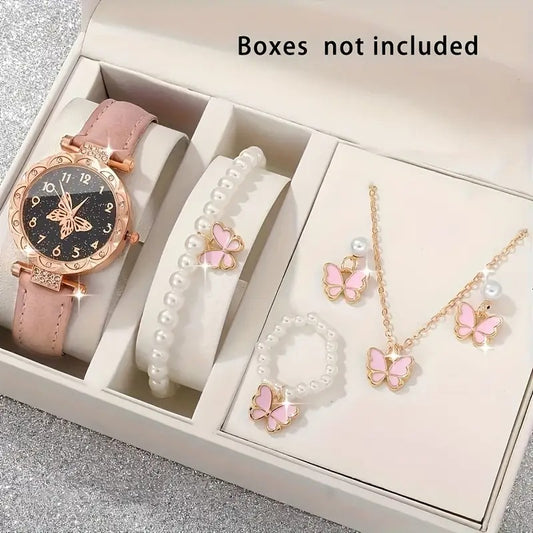 6 Pcs Pink Round Quartz Watch PU Leather Strap Alloy Pointer Plastic Case And Faux Pearl Bracelet Necklace Earrings Ring Jewelry Gift For Mom Her