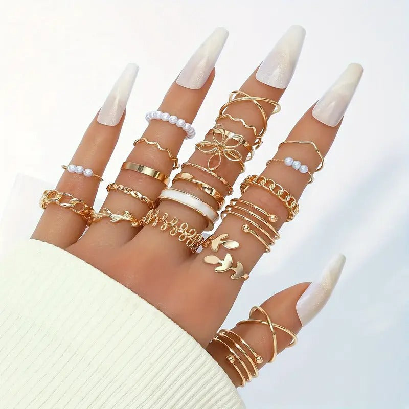 Vintage Elegant 66-Piece -Tone Fashion Ring Set with Imitation Pearls, Zinc Alloy, Geometric Cut-Out Design for Women and Girls - No Plating, for Daily and Party Wear All Season Compatible