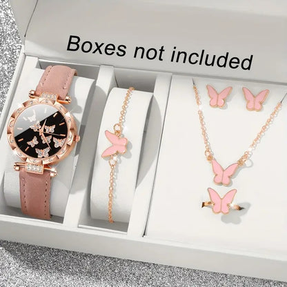 6pcs Women's  Fashion Watch Set with Sweet Pink Butterfly Quartz