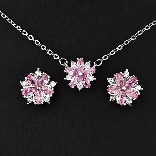 3pcs Elegant Pink Flower Pendant Necklace, Ring, Earrings