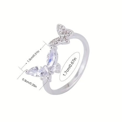 Butterfly Ring with Sparkling Cubic Zirconia - Adjustable Open Design, Perfect for Casual Attire & Special Occasions