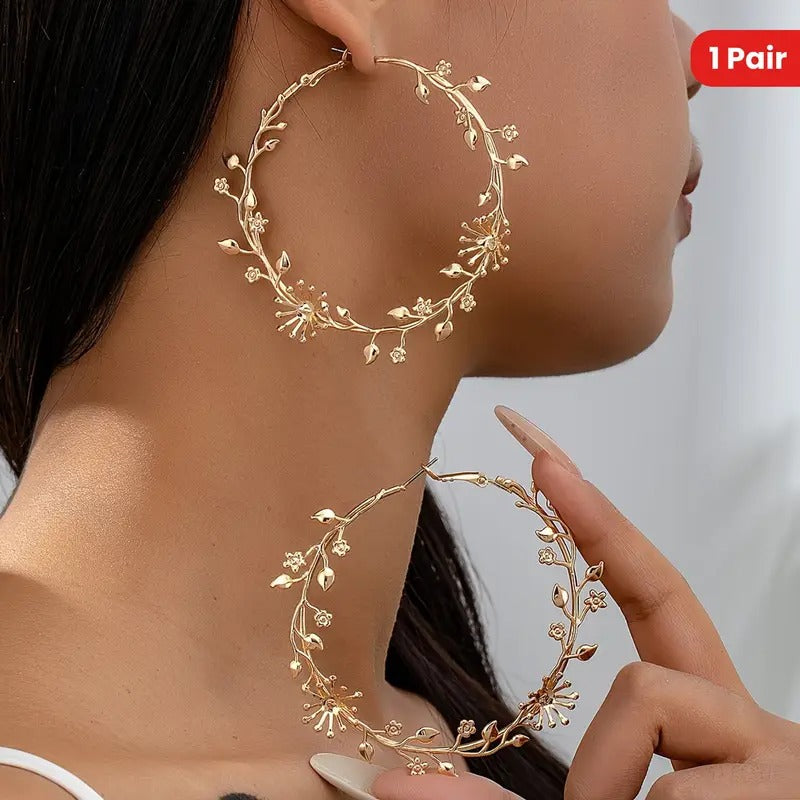 1 Pair Oversized Earrings Floral Branch Leaf Exaggerated Golden Large Circle Sweet Cool Elegant Retro Fashion Hoop Earrings