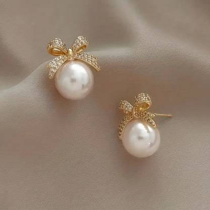 2-Pack Vintage Sexy Style Zinc Alloy Earrings with Imitation Pearl and Bowknot Design, Daily & Vacation Wear, All-Season Compatible