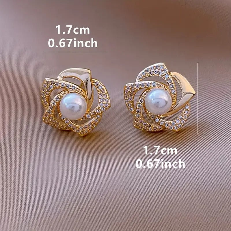 1 Pair Elegant Floral Design Stud Earrings for Women, Imitation Pearl, Zinc Alloy, Stainless Steel Post, Versatile for Daily Wear & Parties, Perfect for Spring Festival - All Seasons Compatible