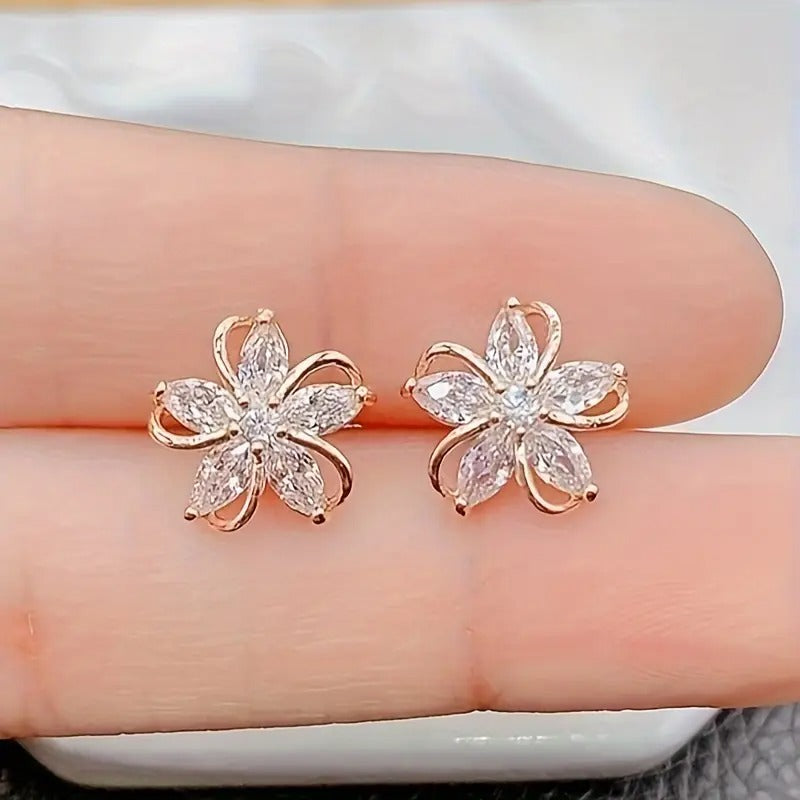 Zirconia Flower Stud Earrings Elegant Rose Golden Cubic and Inspired, Stainless Steel Posts, Ideal for Daily Wear