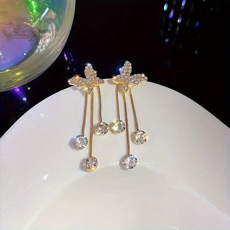 Butterfly Design With Shiny Zirconia Pendant Dangle Earrings Alloy Jewelry Cute Style Wedding Accessories