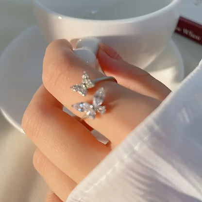 Butterfly Ring with Sparkling Cubic Zirconia - Adjustable Open Design, Perfect for Casual Attire & Special Occasions