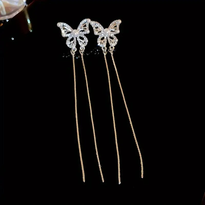 Exquisite Butterfly Long Chain Design Faux Pearl Inlaid Dangle Earrings Elegant Style Wedding Accessories