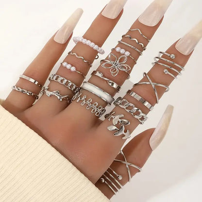 Vintage Elegant 66-Piece -Tone Fashion Ring Set with Imitation Pearls, Zinc Alloy, Geometric Cut-Out Design for Women and Girls - No Plating, for Daily and Party Wear All Season Compatible