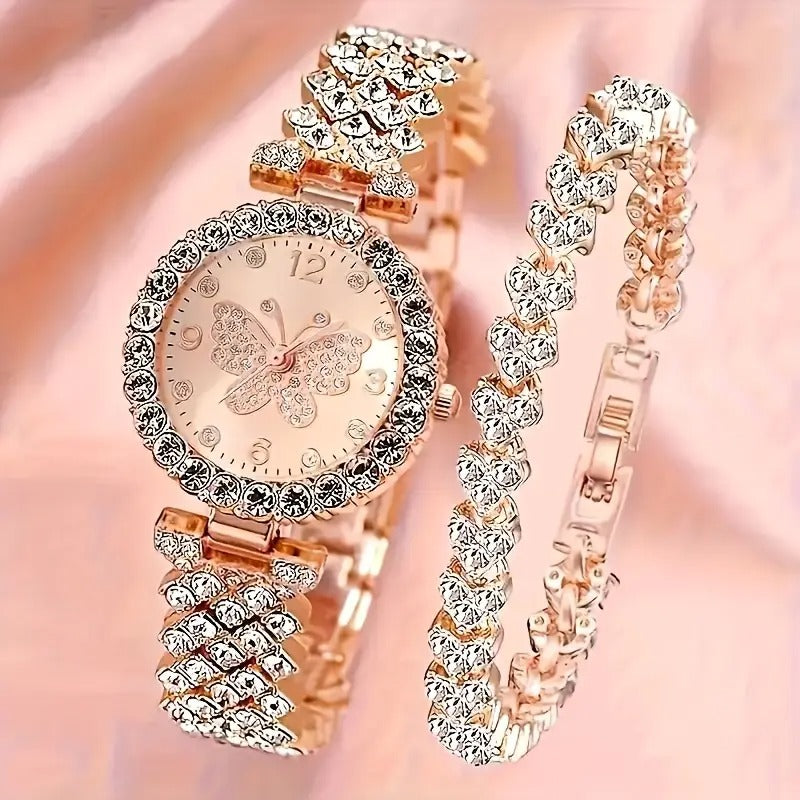 2pcs Elegant Butterfly Quartz Watch & Ladies Jewelry Set