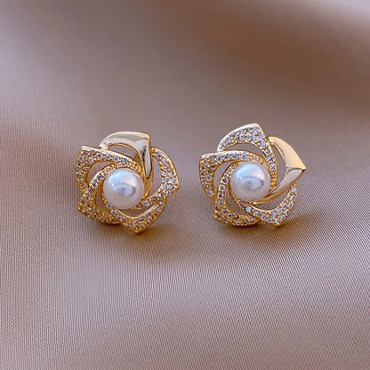 1 Pair Elegant Floral Design Stud Earrings for Women, Imitation Pearl, Zinc Alloy, Stainless Steel Post, Versatile for Daily Wear & Parties, Perfect for Spring Festival - All Seasons Compatible