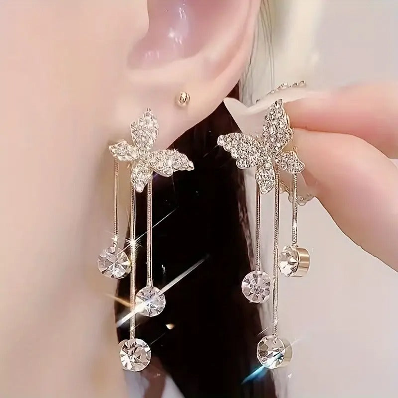 Butterfly Design With Shiny Zirconia Pendant Dangle Earrings Alloy Jewelry Cute Style Wedding Accessories