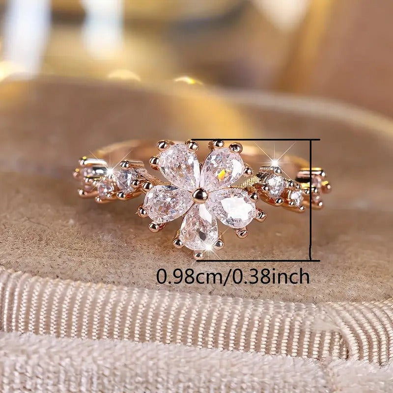 zirconia Chic Ring Sparkling Flower Design Paved Shining