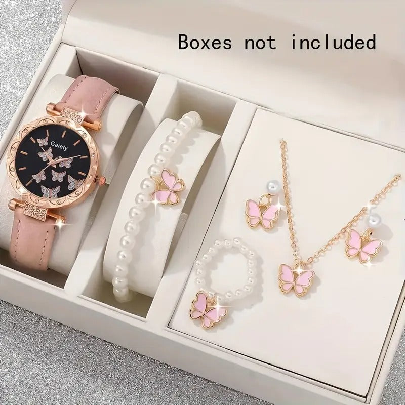 6 Pcs Pink Round Quartz Watch PU Leather Strap Alloy Pointer Plastic Case And Faux Pearl Bracelet Necklace Earrings Ring Jewelry Gift For Mom Her