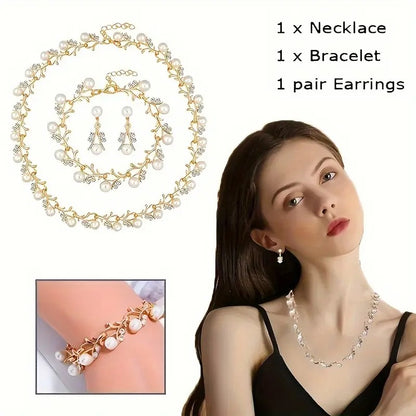 Elegant 14K Gold Plated Zinc Alloy Jewelry Set with Imitation Pearls - Sophisticated Necklace and Earrings for Women, Age 14+ - Timeless Fashion Ensemble