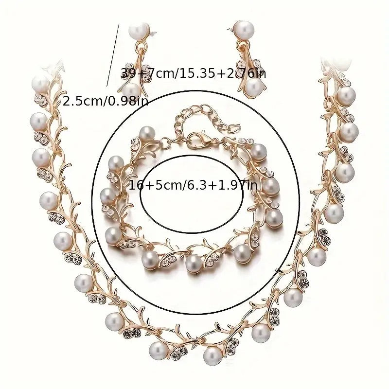 Elegant 14K Gold Plated Zinc Alloy Jewelry Set with Imitation Pearls - Sophisticated Necklace and Earrings for Women, Age 14+ - Timeless Fashion Ensemble